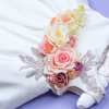rochita botez ivoire cu buchet de flori si petalie dantela